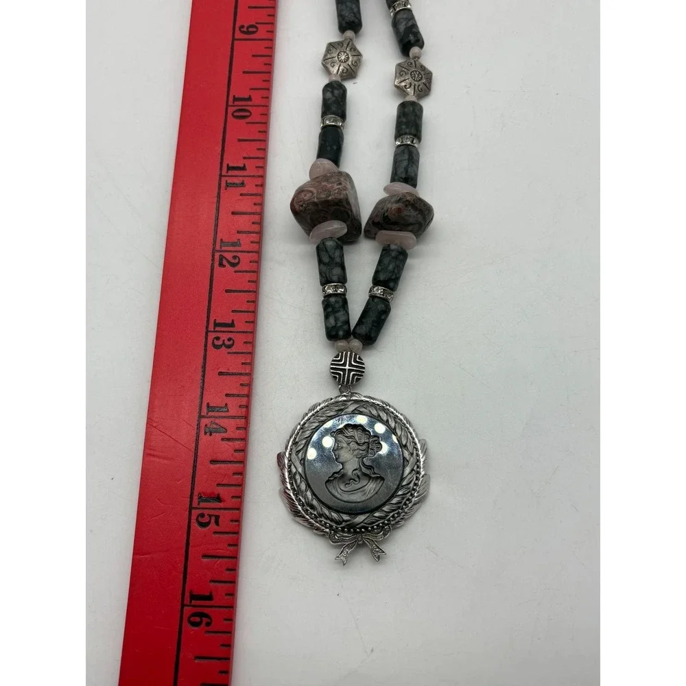 Vintage‎ Beaded Long Cameo Pendant Necklace Mixed Natural Stone Statement
